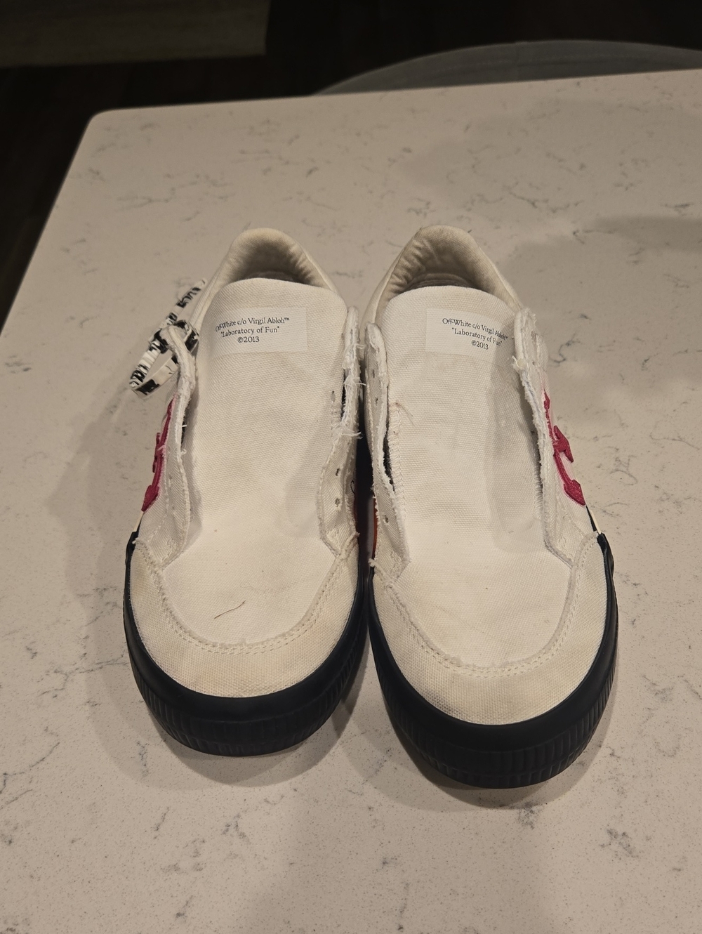 Off-White White Canvas Slip-On Loafers with Pink Logo and Black Sole